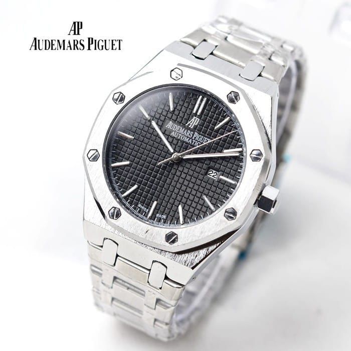 Luxury Silver Stainless Steel Automatic Watch for Men – Black Textured Dial Analog Watch