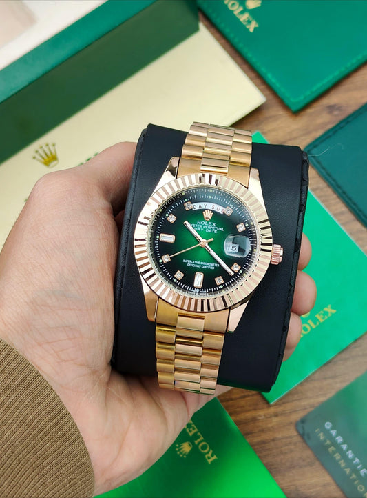 Luxury Gold Stainless Steel Day-Date Watch for Men – Green Dial Analog Watch