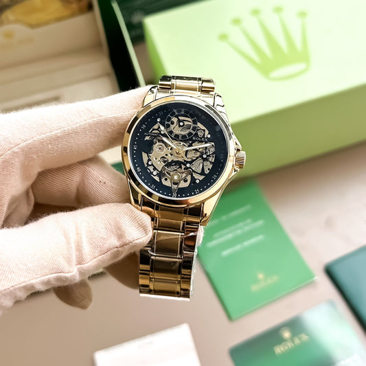 Luxury Gold Skeleton Automatic Watch for Men – Stainless Steel Mechanical Watch